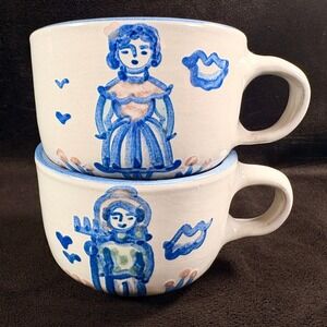 M A Hadley Pottery Coffee / Tea Cups Farmer and‎ Wife Set